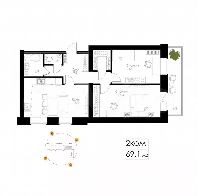 2-к. квартира, 69,1 м, 4/8 эт. - Фото 1