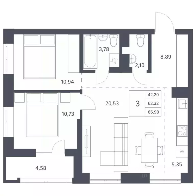 2-к кв. Новосибирская область, Новосибирск ул. Тюленина, 3 (62.32 м) - Фото 0