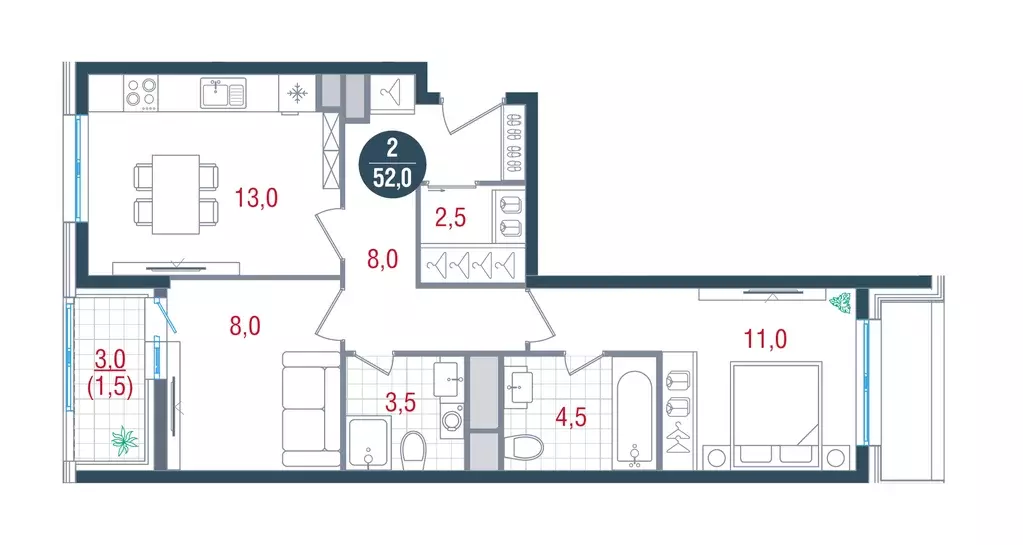 2-к квартира, 52 м - Фото 0