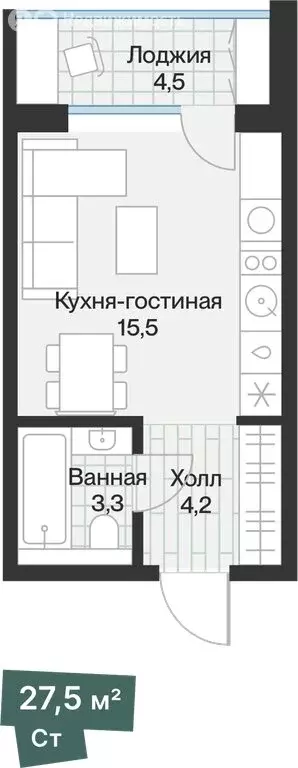 1-комнатная квартира: Тюмень, улица Игоря Комиссарова, 8 (25.24 м) - Фото 2