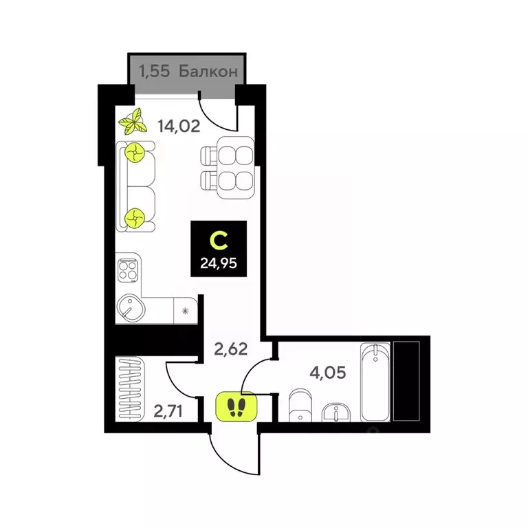 Студия Тюменская область, Тюмень Мотивы жилой комплекс (24.95 м) - Фото 1