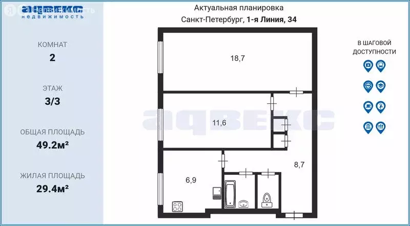 2-комнатная квартира: Санкт-Петербург, 1-я линия Васильевского ... - Фото 1