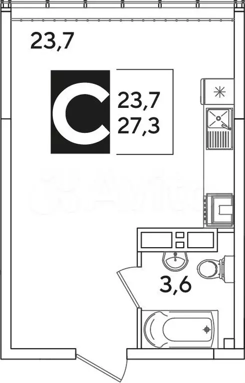 Квартира-студия, 27,3 м, 15/16 эт. - Фото 1