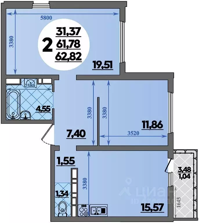 2-к кв. Адыгея, Майкоп  (62.82 м) - Фото 1