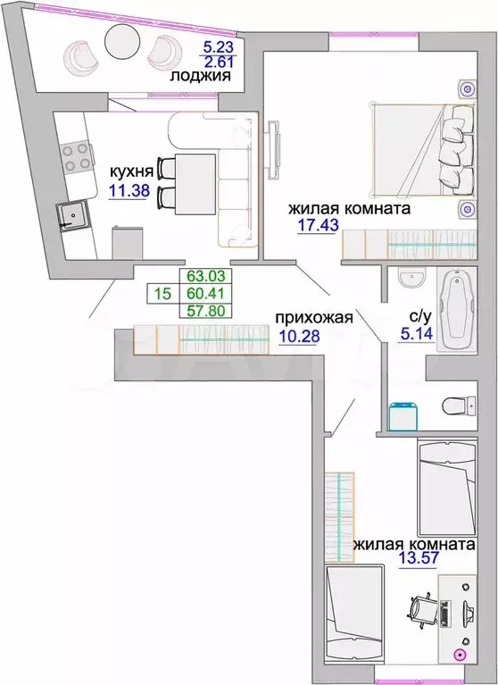 2-к. квартира, 61,4 м, 5/9 эт. - Фото 1