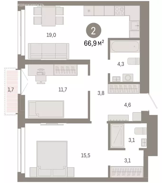 2-комнатная квартира: Новосибирск, Большевистская улица, 66 (66.86 м) - Фото 2