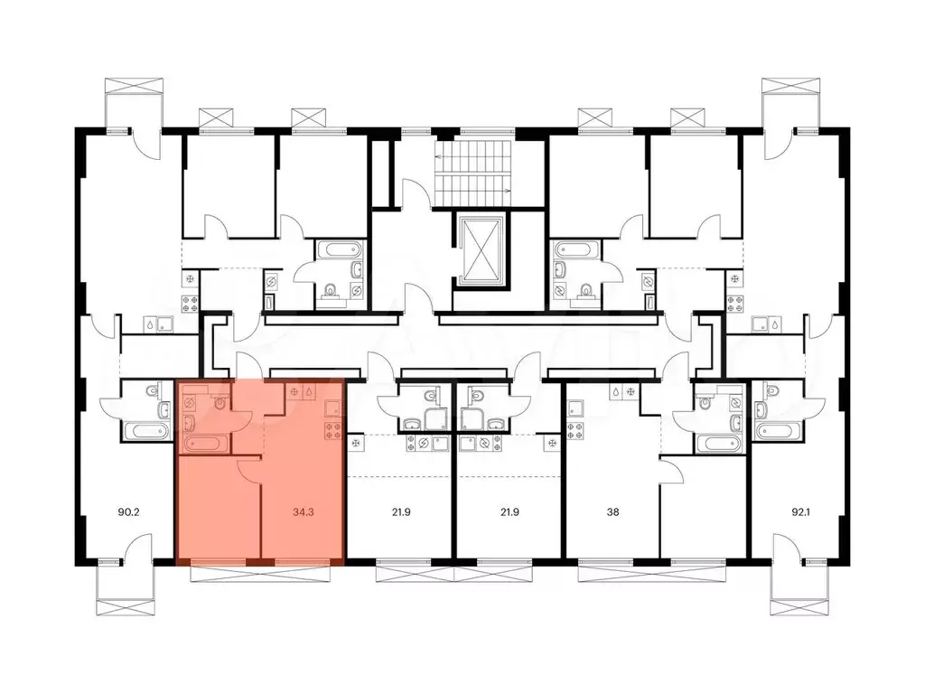 1-к. квартира, 34,3 м, 6/9 эт. - Фото 1