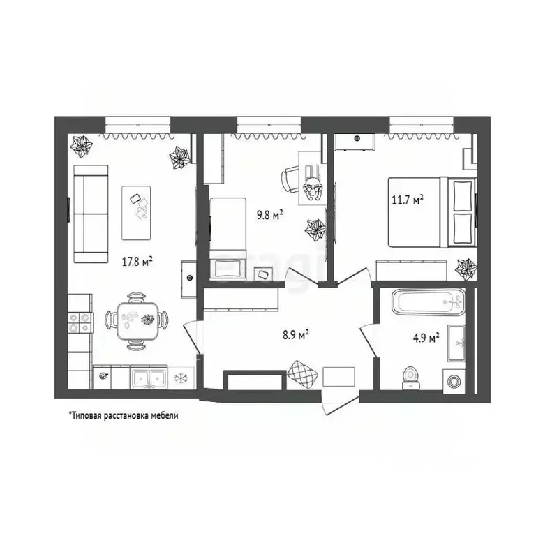 2-к кв. Тюменская область, Тюмень Новгородская ул., 14 (53.2 м) - Фото 2