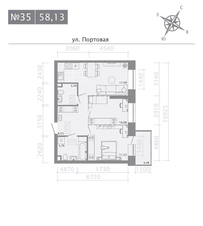 2-комнатная квартира: Казань, ЖК Риваят (58.13 м) - Фото 1
