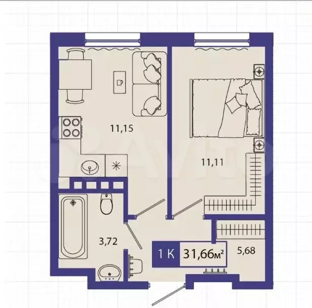 1-к. квартира, 31,7 м, 1/4 эт. - Фото 1