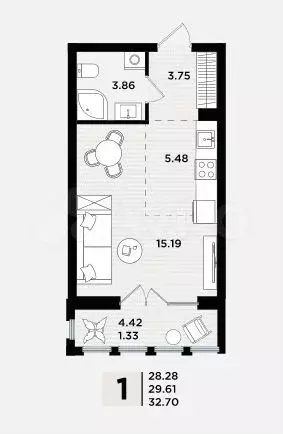 Квартира-студия, 32,7 м, 2/5 эт. - Фото 1