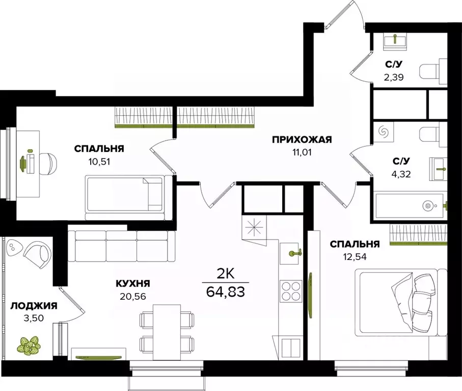 2-к кв. Тульская область, Тула  (64.83 м) - Фото 1