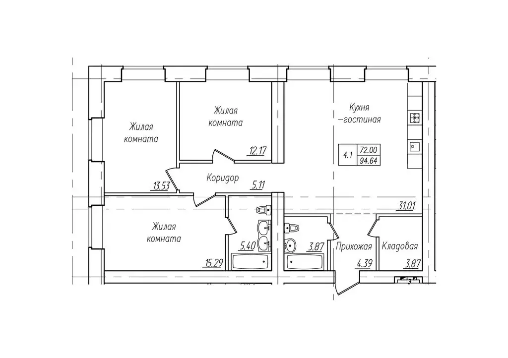 4-комнатная квартира: Чебоксары, улица Фридриха Энгельса, поз7 (94.64 ... - Фото 1