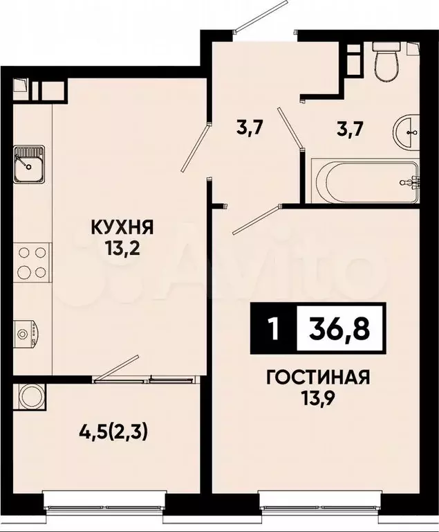 1-к. квартира, 36,8 м, 10/14 эт. - Фото 0