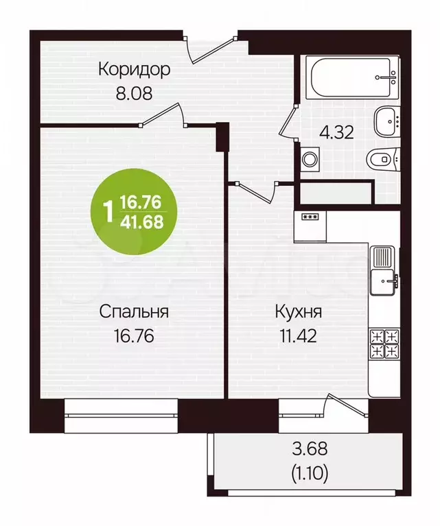 1-к. квартира, 41,7 м, 8/12 эт. - Фото 0