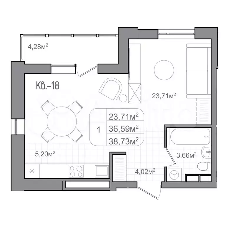 Квартира-студия, 38,7 м, 3/10 эт. - Фото 0