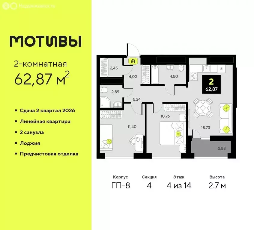 2-комнатная квартира: Тюмень, жилой комплекс Мотивы (62.87 м) - Фото 0