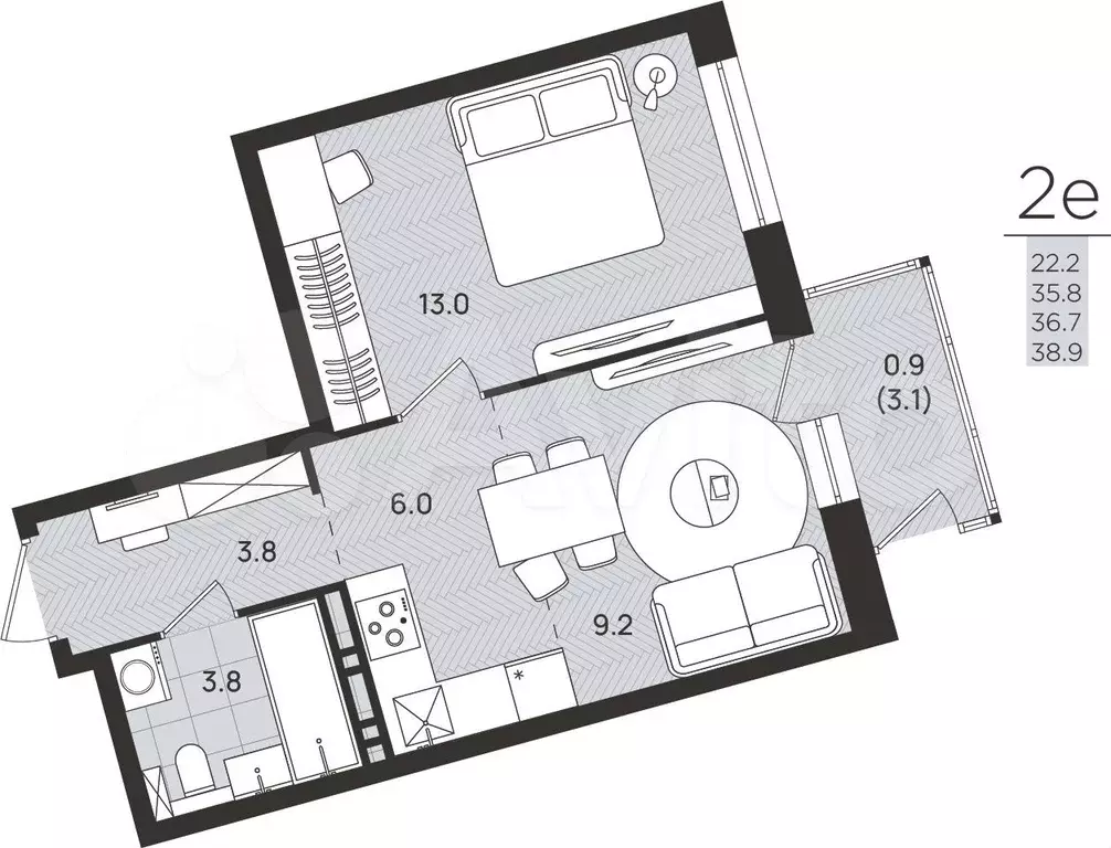 2-к. квартира, 36,7 м, 4/8 эт. - Фото 0