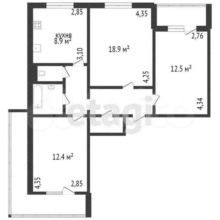 3-к. квартира, 61,3 м, 5/9 эт. - Фото 0