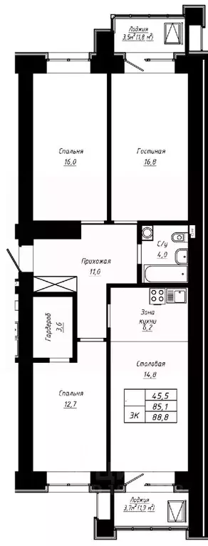 3-к кв. Алтайский край, Барнаул ул. Сухэ-Батора, 39 (88.8 м) - Фото 1