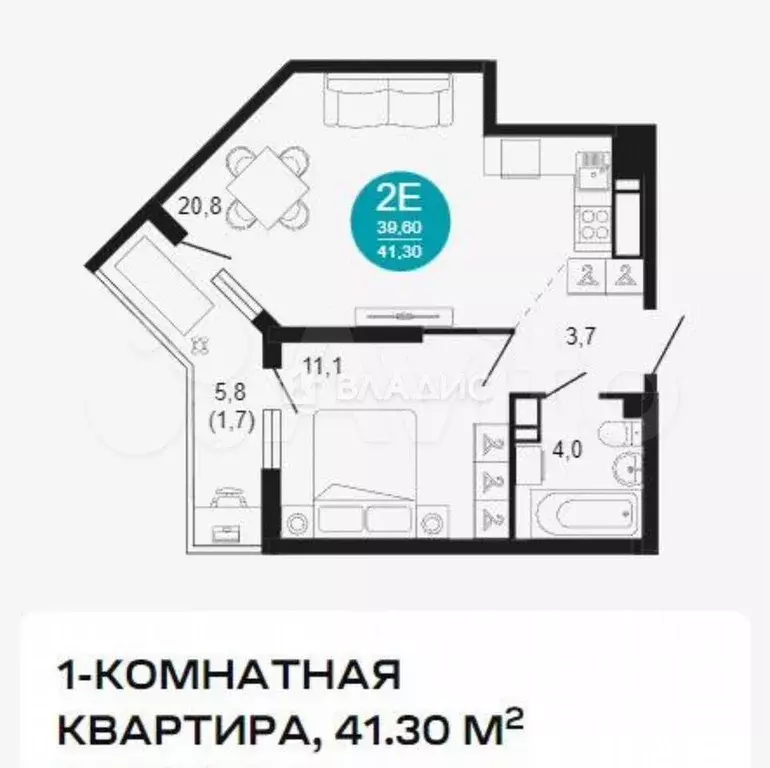 1-к. квартира, 39,6 м, 12/25 эт. - Фото 0