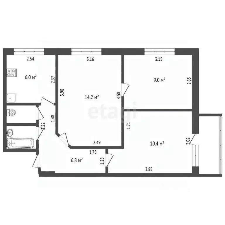 3-к кв. Татарстан, Набережные Челны Автозаводский просп., 29/11 (49.4 ... - Фото 2