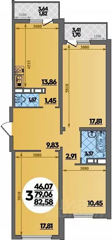 3-к кв. Ростовская область, Ростов-на-Дону ул. Костенко, 12 (82.58 м) - Фото 1