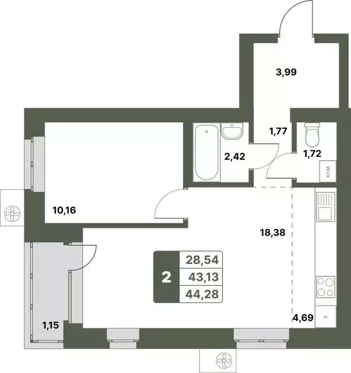 2-комнатная квартира: Уфимский район, село Миловка (44.28 м) - Фото 0