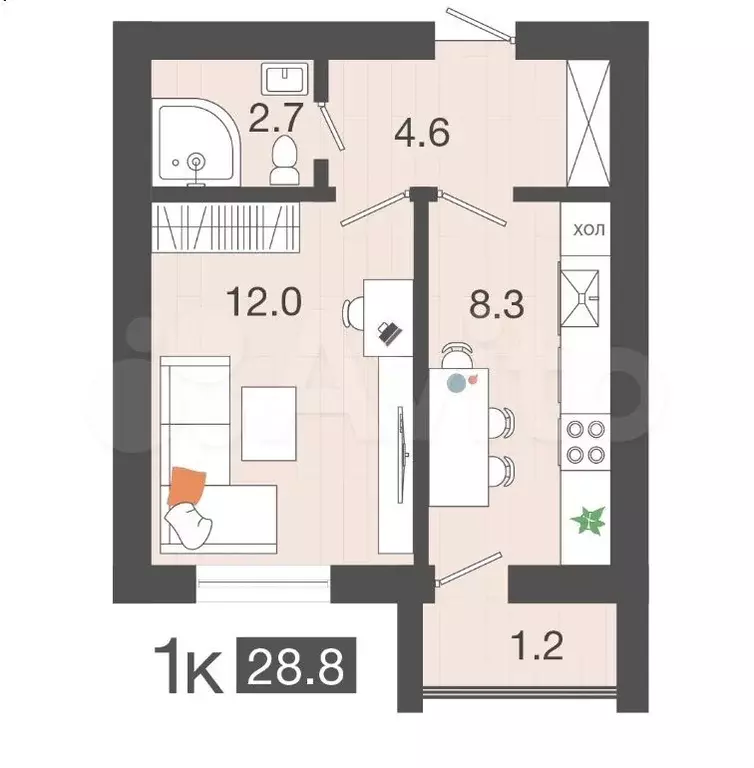 1-к. квартира, 28,8 м, 4/4 эт. - Фото 1