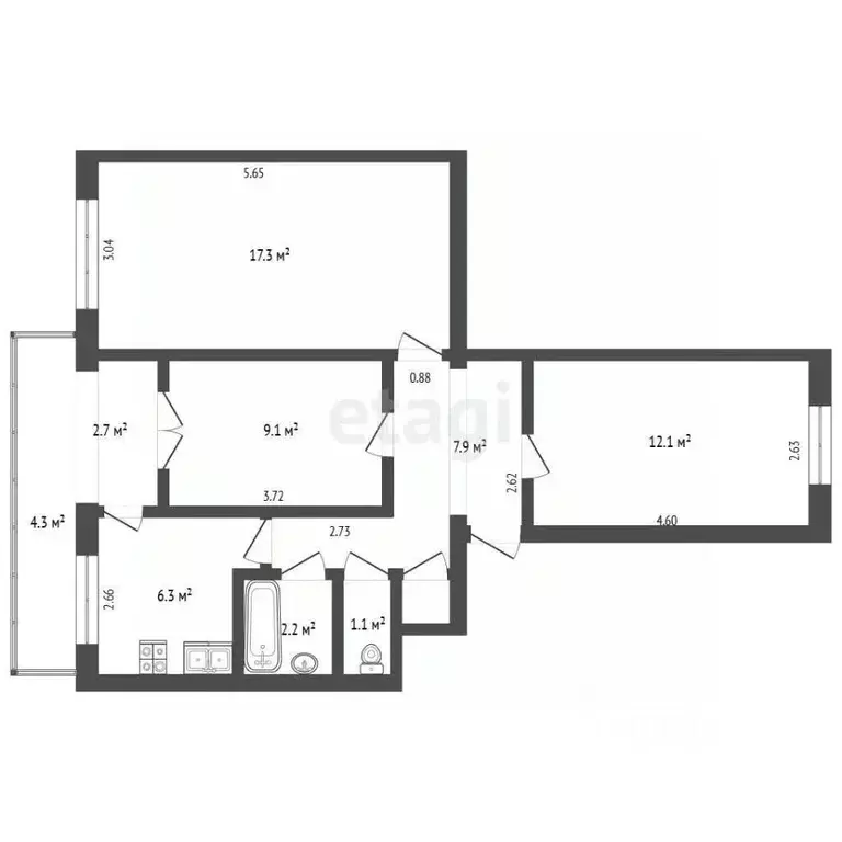 3-к кв. Крым, Ленино пгт ул. Шоссейная, 16 (56.6 м) - Фото 2