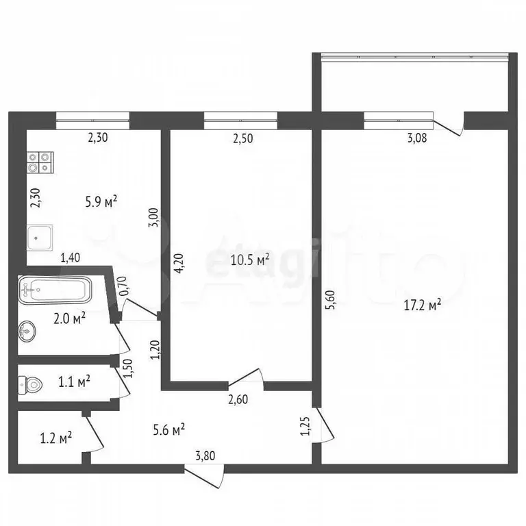 2-к. квартира, 43,5 м, 4/5 эт. - Фото 0