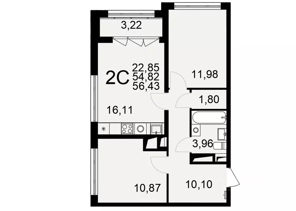 2-к кв. Тульская область, Тула Одоевское ш., 73Б (56.43 м) - Фото 1
