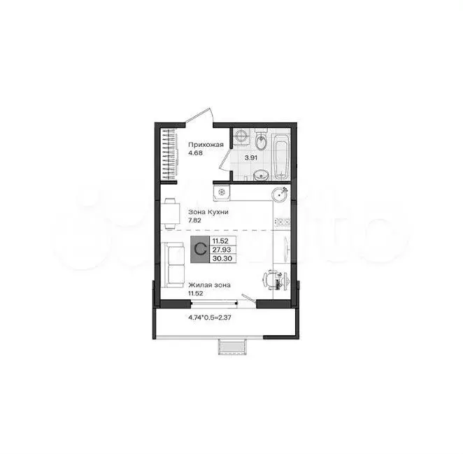 Квартира-студия, 30,3 м, 2/8 эт. - Фото 0