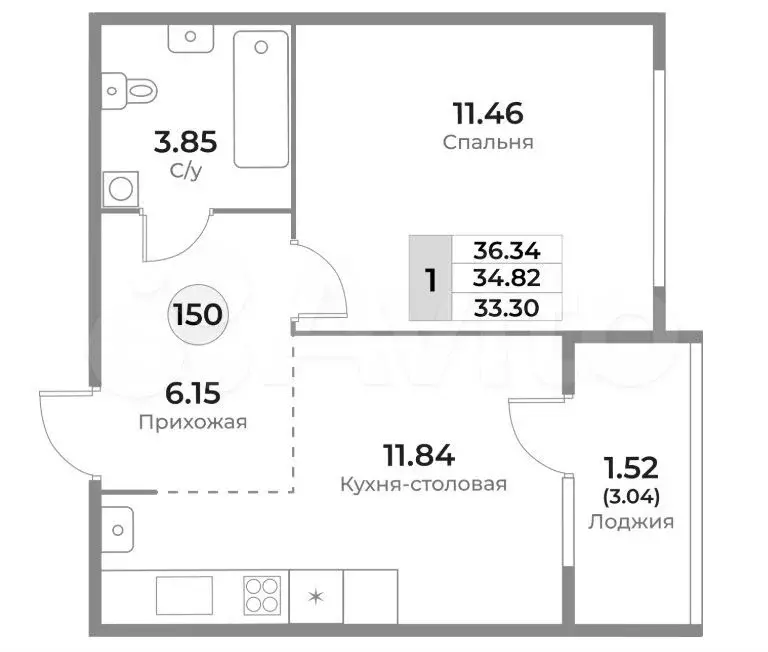 1-к. квартира, 34,8 м, 9/10 эт. - Фото 1