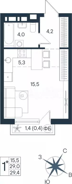 Квартира-студия, 29,4 м, 3/15 эт. - Фото 0