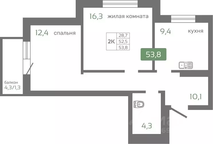 2-к кв. Красноярский край, Красноярск Норильская ул., с2 (53.8 м) - Фото 0