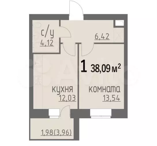 1-к. квартира, 38,1м, 5/9эт. - Фото 0