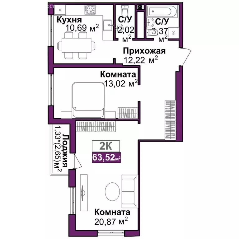 2-комнатная квартира: Симферополь, улица Батурина, 177к2 (61.5 м) - Фото 1