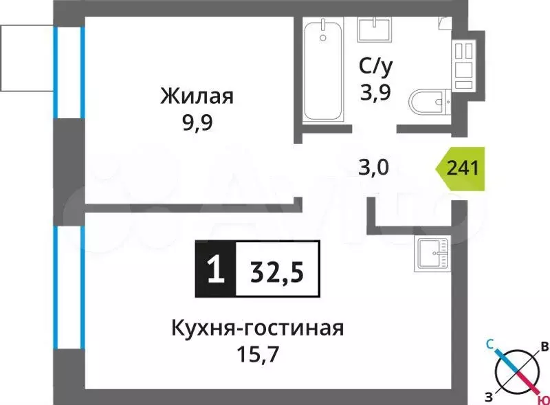 1-к. квартира, 32,5 м, 6/9 эт. - Фото 0