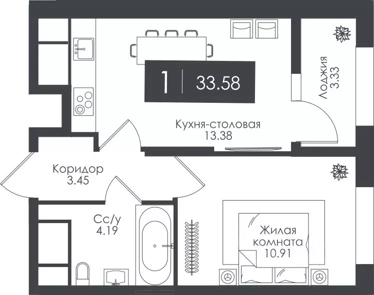 1-к кв. Тульская область, Тула Тор жилой комплекс (33.58 м) - Фото 0