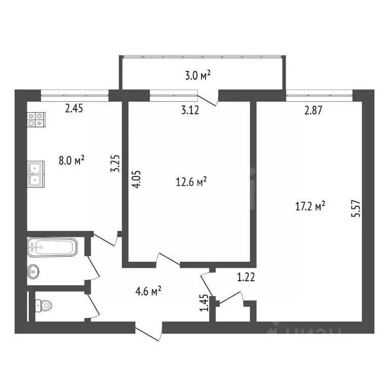 2-к кв. Санкт-Петербург ул. Чекистов, 42 (45.9 м) - Фото 2