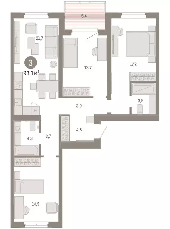 3-комнатная квартира: Тюмень, жилой комплекс На Минской (93.05 м) - Фото 1