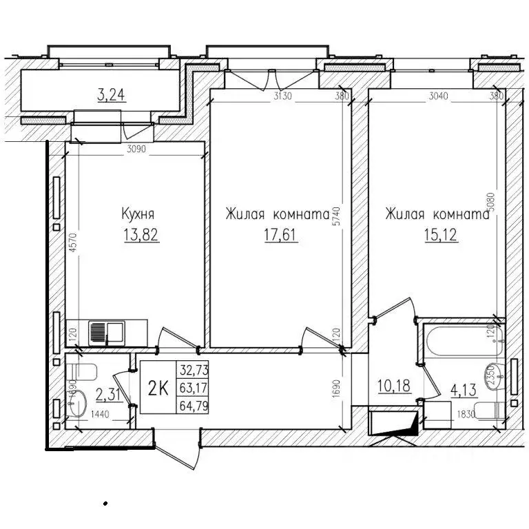 Квартира, 2 комнаты, 64 м - Фото 1
