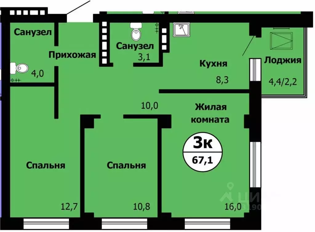 3-к кв. Красноярский край, Красноярск Лесопарковая ул., 43к1 (67.1 м) - Фото 1