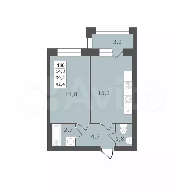 1-к. квартира, 42,4 м, 1/4 эт. - Фото 1
