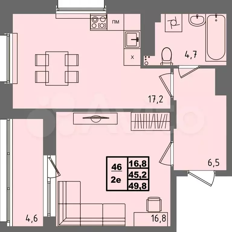 2-к. квартира, 49,8 м, 1/4 эт. - Фото 1