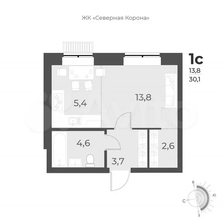 1-к. квартира, 30,1 м, 1/12 эт. - Фото 0