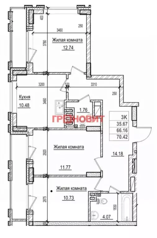 3-к кв. Новосибирская область, Новосибирск Фабричная ул., 65/4 (67.0 ... - Фото 1