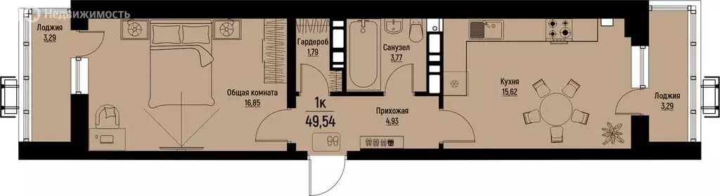 1-комнатная квартира: Пятигорск, микрорайон Скачки (49.54 м) - Фото 0