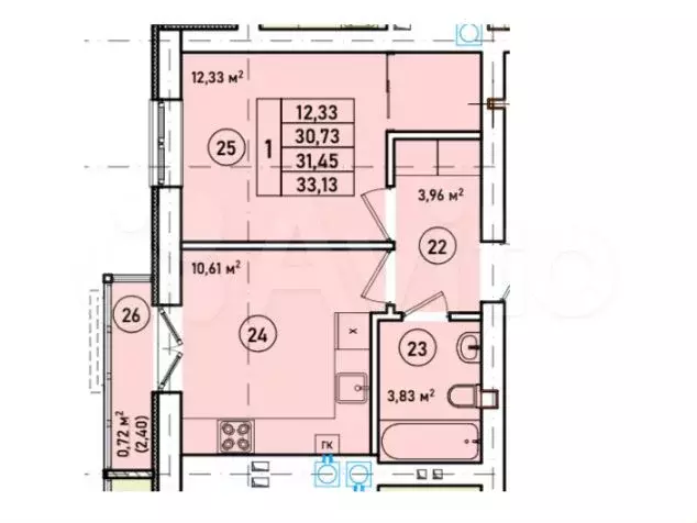 1-к. квартира, 33,1 м, 2/7 эт. - Фото 1